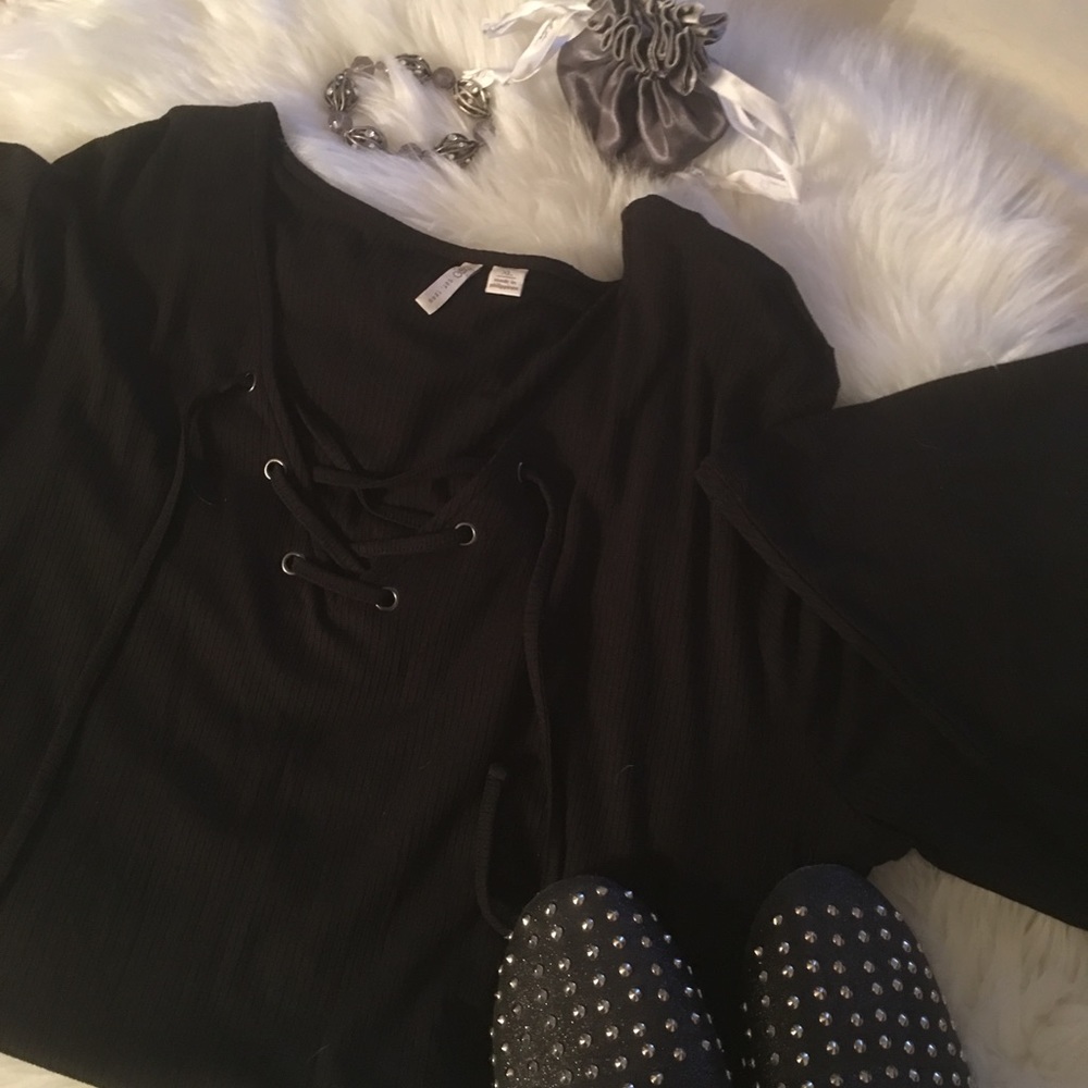 Black lace-up scoop neck top